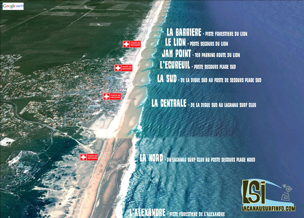 noms et emplacements des spots de surf à Lacanau Océan